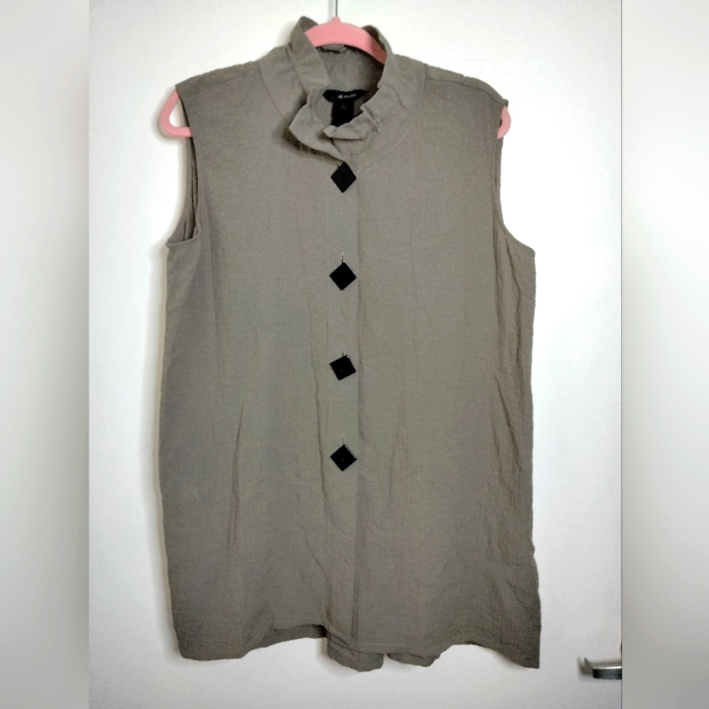 Ali Miles (Size L) Taupe & Black Accent Button Down Front Sleeveless Tunic Vest